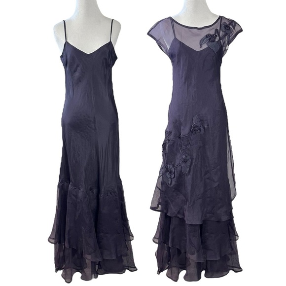 Vintage Tiar Silk Dark Purple Flower Fairy Maxi Dress Size Small WhimsyGoth USA - Picture 3 of 15